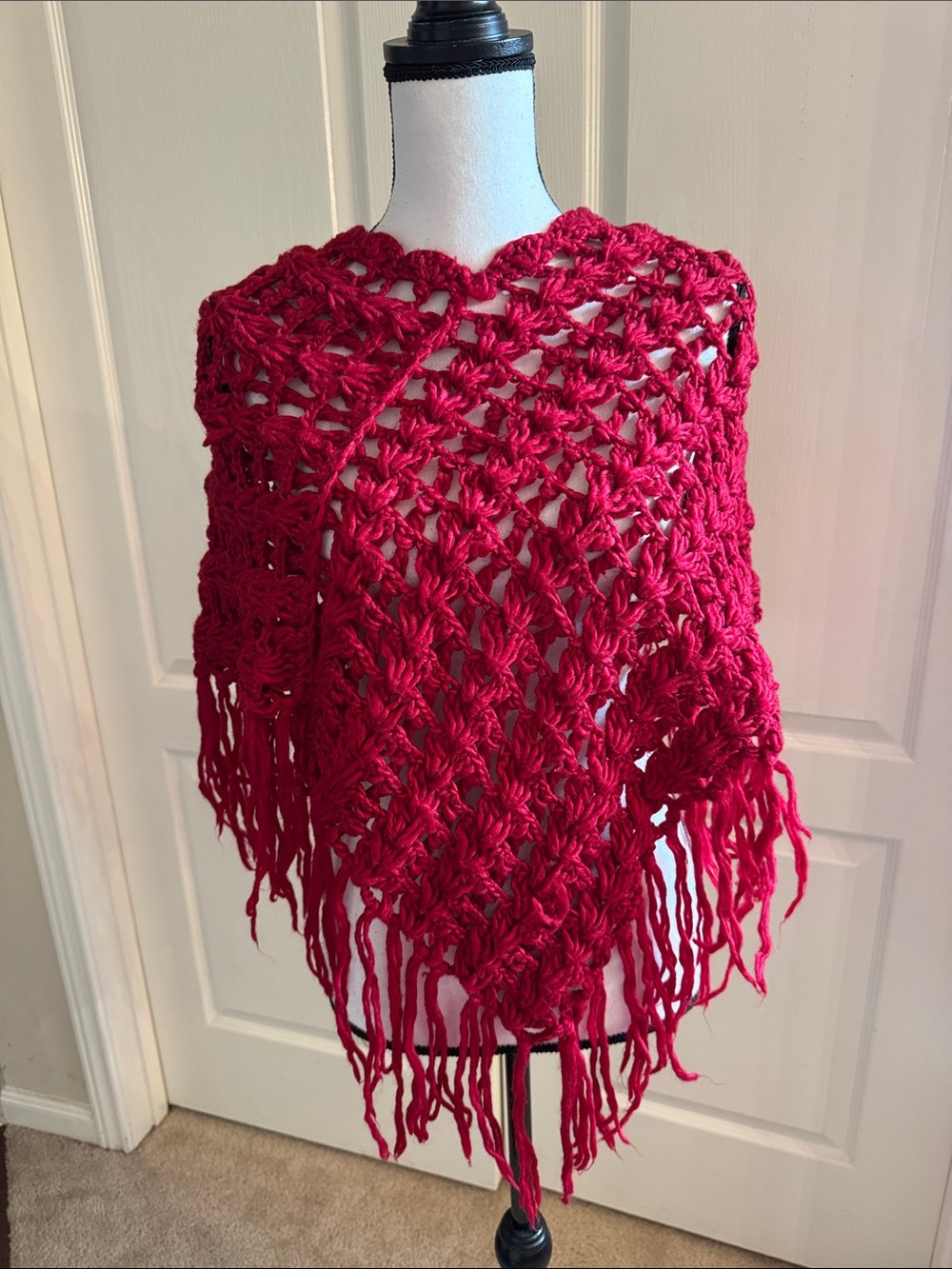 Handmade Red Crochet Fringe Poncho - One Size